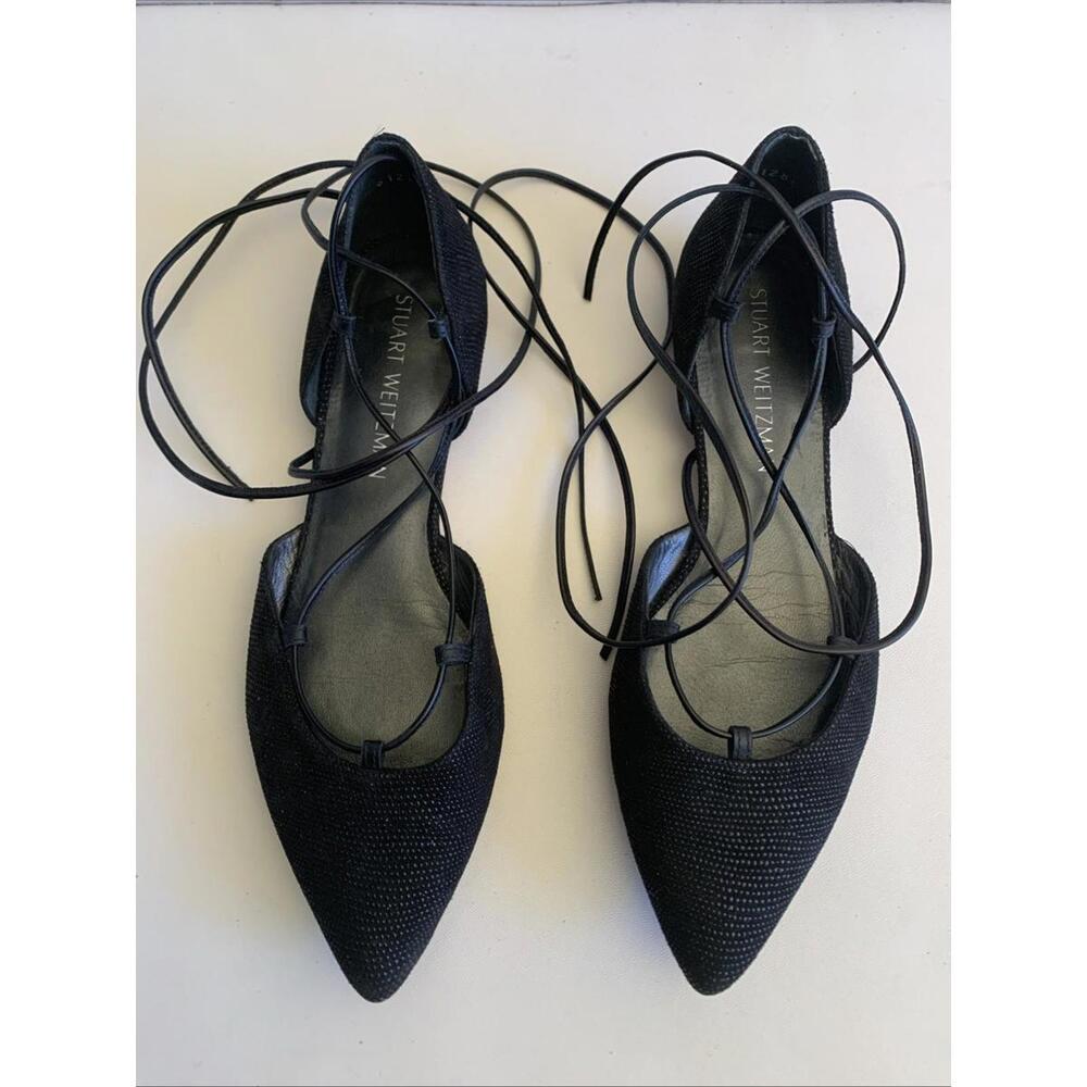 Stuart Weitzman Gilligan Ballet Flats Lace Up Pointed Toe Black Sz 8.5 M Leather